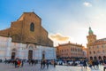 Bologna, Italy, March 17, 2018: Basilica di San Petronio church building facade and Palazzo d`Accursio Royalty Free Stock Photo