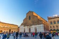 Bologna, Italy, March 17, 2018: Basilica di San Petronio church and Palazzo dei Banchi palace building Royalty Free Stock Photo