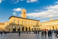 Bologna, Italy, March 17, 2018: Palazzo Re Enzo and Palazzo dei Banchi palace building on Piazza Maggiore square Royalty Free Stock Photo