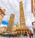 Bologna, Italy, March 17, 2019: Two medieval towers Le Due Torri: Asinelli and Garisenda