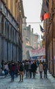 BOLOGNA, ITALY, MARCH 17, 2016: Via Zamboni in the italian city Bologna goes through the scenter of student district