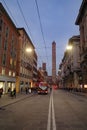 Bologna, Italy - 16 Nov, 2022: The two famous falling towers of Asinelli and Garisenda Royalty Free Stock Photo