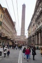 Bologna, Italy - 16 Nov, 2022: The two famous falling towers of Asinelli and Garisenda Royalty Free Stock Photo