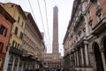 Bologna, Italy - 16 Nov, 2022: The two famous falling towers of Asinelli and Garisenda Royalty Free Stock Photo