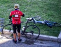 Cyclist resting in the park of the Sanctuary of San Luca. Bologna, Italy