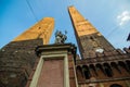 Bologna, Italy - October, 2017. Two famous falling towers Asinelli and Garisenda in the morning, Bologna, Emilia-Romagna, Italy