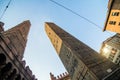 Bologna, Italy - October, 2017. Two famous falling towers Asinelli and Garisenda in the morning, Bologna, Emilia-Romagna, Italy