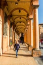 BOLOGNA, ITALY - OCTOBER 22, 2018: View of a portico in Bologna, Ita