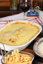 bolognese lasagna baked with cheese ham red sauce spices and meat with french fries and rice Royalty Free Stock Photo