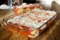 Bolognese lasagna in glass pyrex