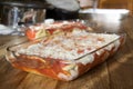 Bolognese lasagna in glass pyrex