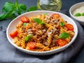 Bolognese pasta. Fusilli with tomato sauce, ground minced beef, Royalty Free Stock Photo