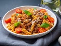 Bolognese pasta. Fusilli with tomato sauce, ground minced beef, Royalty Free Stock Photo