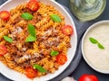 Bolognese pasta. Fusilli with tomato sauce, ground minced beef, Royalty Free Stock Photo