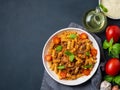 Bolognese pasta. Fusilli with tomato sauce, ground minced beef, Royalty Free Stock Photo