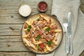 Bolognese pasta. Fusilli with tomato sauce, ground minced beef. Traditional italian cuisine. Top view Royalty Free Stock Photo