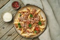 Bolognese pasta. Fusilli with tomato sauce, ground minced beef. Traditional italian cuisine. Top view Royalty Free Stock Photo