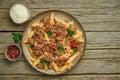 Bolognese pasta. Fusilli with tomato sauce, ground minced beef. Traditional italian cuisine. Top view, copy space Royalty Free Stock Photo