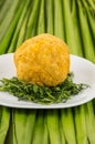 Bolon, an ecuadorian typical food on a white plate with a blurred tomato and pepper behind over a green leaf