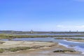 Bolsa Chica Ecological Reserve wetland landscape with distant oil rig machinery