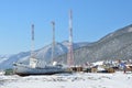 Bolshoe Goloustnoe, Irkutsk region, Russia, March, 08, 2017. The old ship `Storozhevoy` on the shore of lake Baikal in Bolshoe Go