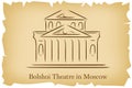 Bolshoi Theatre in Moscow, Russia lineart illustration for logo, icon, poster, banner on background imitating brown old paper with