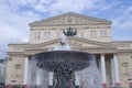 Bolshoy theater building in Moscow. Fountain water splashes.