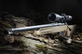 Bolt action rifle and high power scope in a dark woods Royalty Free Stock Photo