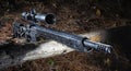 Bolt action rifle with riflescope on a log Royalty Free Stock Photo