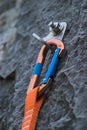 A quickdraw carabiner attached to a rock cliff Royalty Free Stock Photo