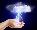 Bolt of lightning in hands, energy, healing, cosmic charge, blue ray light power Royalty Free Stock Photo