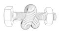Bolt with nut bent into a knot. Twisted hex head screw. Isolated outline 3d illustration