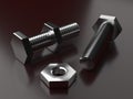 Shiny metal bolts with nuts on a burgundy background 3d rendering