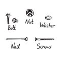 Bolt, nut, washer, nail and set, hand drawn doodle sketch Royalty Free Stock Photo