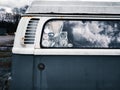 Rear quarter of classic Volkswagen camper van blue and white paint work. Royalty Free Stock Photo