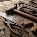 Bolts are scattered among the tools adding to the rustic workshop Royalty Free Stock Photo