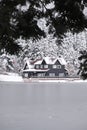Bolu Golcuk National Park, lake wooden house on a snowy winter day in the forest in Turkey Royalty Free Stock Photo