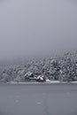 Bolu Golcuk National Park, lake wooden house on a snowy winter day in the forest in Turkey Royalty Free Stock Photo