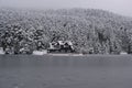 Bolu Golcuk National Park, lake wooden house on a snowy winter day in the forest in Turkey Royalty Free Stock Photo