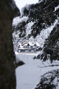 Bolu Golcuk National Park, lake wooden house on a snowy winter day in the forest in Turkey Royalty Free Stock Photo