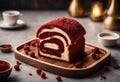 Bolu Gulung or Roll Cake in Red Velvet flavor and cake crumbs topping on wooden tray