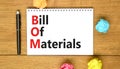 BOM bill of materials symbol. Concept words BOM bill of materials on beautiful white note. Beautiful wooden table wooden