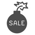 Bomb with burning wick and text sale solid icon, Black Friday concept, Black friday sale sign on white background Royalty Free Stock Photo