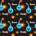 Bomb comic explosion seamless pattern. Black round dynamite detonation, doodle style, vector cartoon hand drawn color isolated Royalty Free Stock Photo