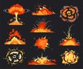 Bomb explosion and blast cartoon fiery set. Comic book bang clash pow crash effects. Fire flame smoke clouds burst spreading