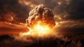 Bomb explosion, fireball. Nuclear threat and fiery apocalypse. Concept of war and military end of world. AI Generated