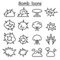 Bomb & Explosion icon set in thin line style