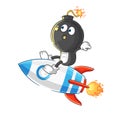 Bomb head ride a rocket cartoon mascot vector