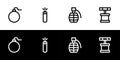 Bomb icon set. Circle bomb, dynamite, grenade, and detonator