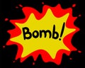 The inscription bomb. Black, red, yellow colors. Comic text, , cartoon. Template illustration for background, cover, icon Royalty Free Stock Photo